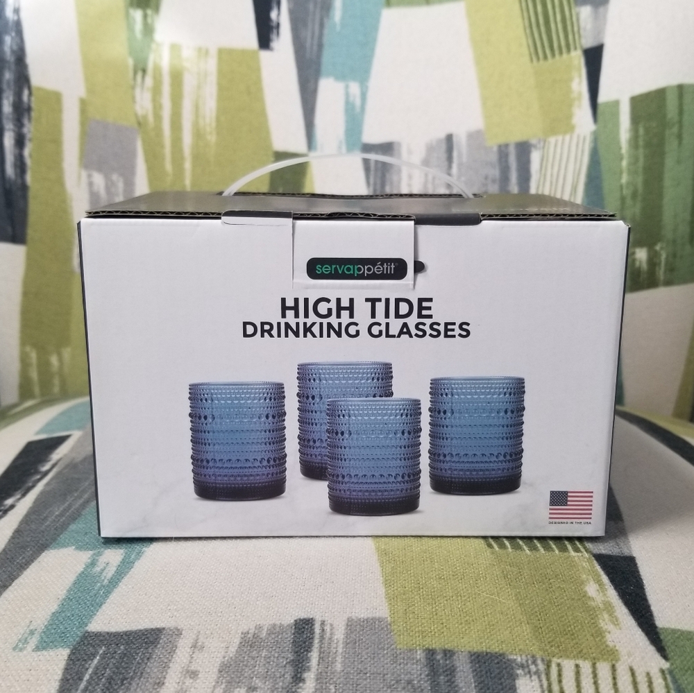 4 Servappetit High Tide Drinking Glasses Blue Dottie Mid Centry Decorative Style